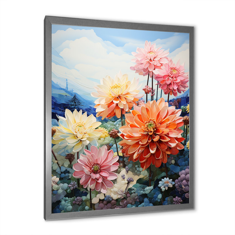 Zabdi Dahlia Field Pointillism Dot - imprimé, Cadre simple argenté, H 40 po x l 30 po x P 1,5 po