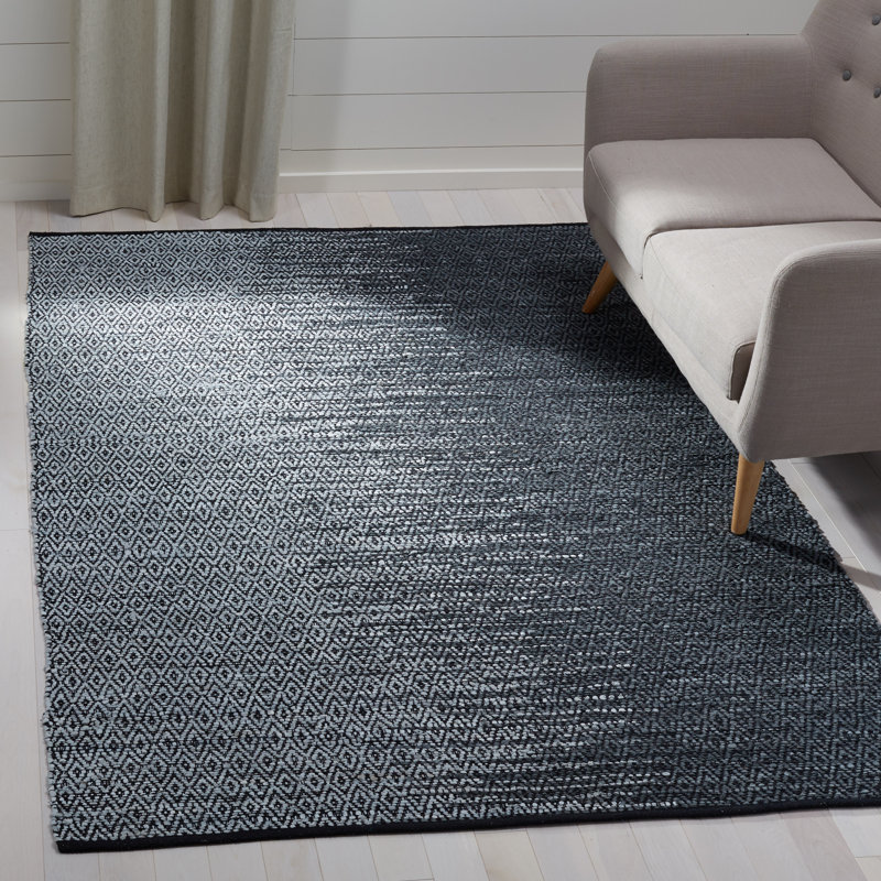 Phillis Vintage Leather Hand Woven Leather/Cotton Geometric Rug in Light Grey/Charcoal, Runner 2'3" x 9'