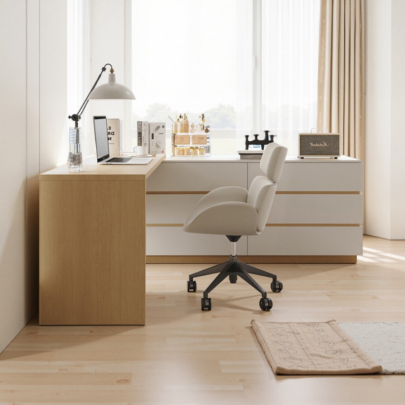 Bureau d'ordinateur en L 97,6 po avec commode extensible avec tiroirs de rangement, Chêne / ivoire
