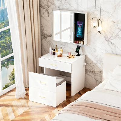 Ensemble de coiffeuse de maquillage 3 en 1 - miroir ouvert, bureau en verre, station de charge, 3 tiroirs et tabouret rembourré