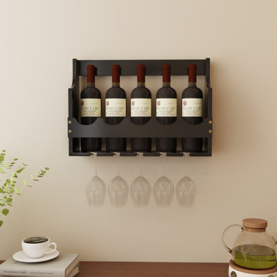 Wall-Mounted Wine Rack Solid Wood Bottle Rack Wine Storage with Stemware Holder