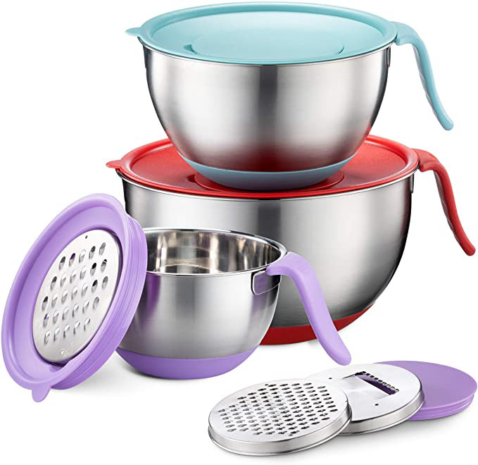 Stainless Steel Mixing Bowls Set with Colorful Lids and Handles