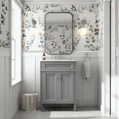 Meuble-lavabo avec lavabo en céramique, deux portes à fermeture amortie, tiroirs et rangements de porte basculants, gris
