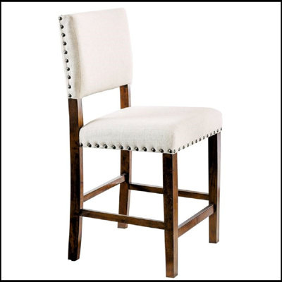 Ensemble de 2 chaises ivoire rembourrées en tissu, garniture cloutée, structure en bois massif au fini cerisier brun