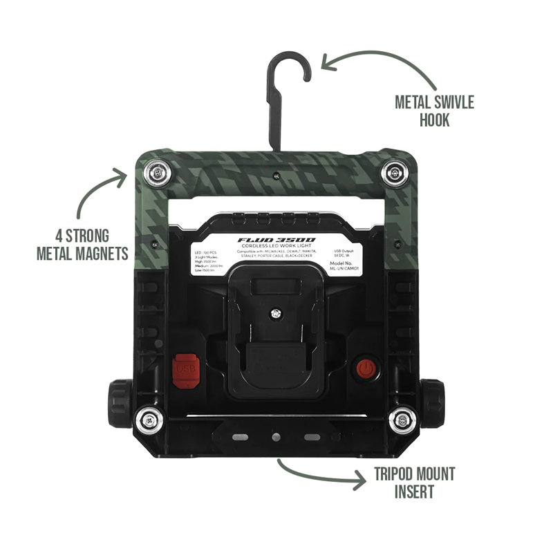 Portable LED Work Flood Light Powered by 18-20v Battery or Wall Plug (3 Brightness Settings)