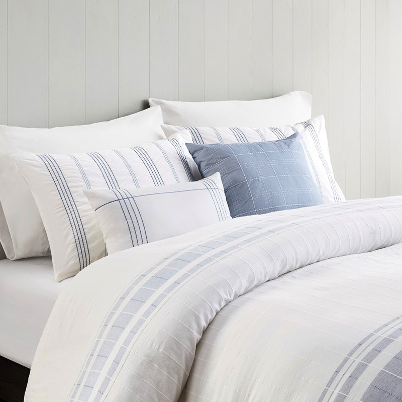 Housse de couette en coton double / grand - 5 pièces avec housse et taies décoratives Oreillers décoratifs Lavable à la machine Rayures de couleur contrastante Style moderne Fermeture à boutons superposés Coloré