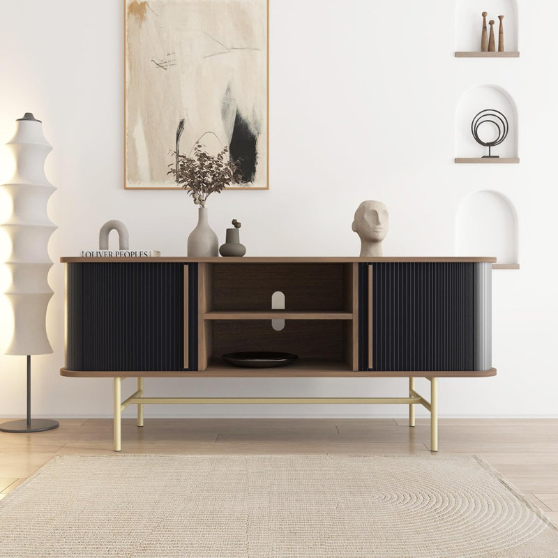 Buffet avec portes coulissantes, crédence Mid-Century moderne avec 2 portes tambour, armoire de rangement minimaliste pour le salon, console média avec rangement, noir noyer