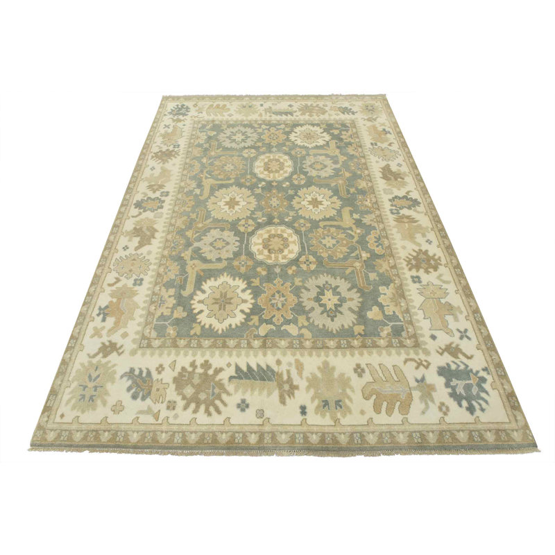 Tapis oriental traditionnel en laine bleue noué à la main 8 pi 9 po x 12 pi Oushak