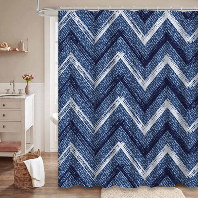 Jeans Chevron Zigzag Denim Geometric Blue Shower Curtain with 12 Hooks