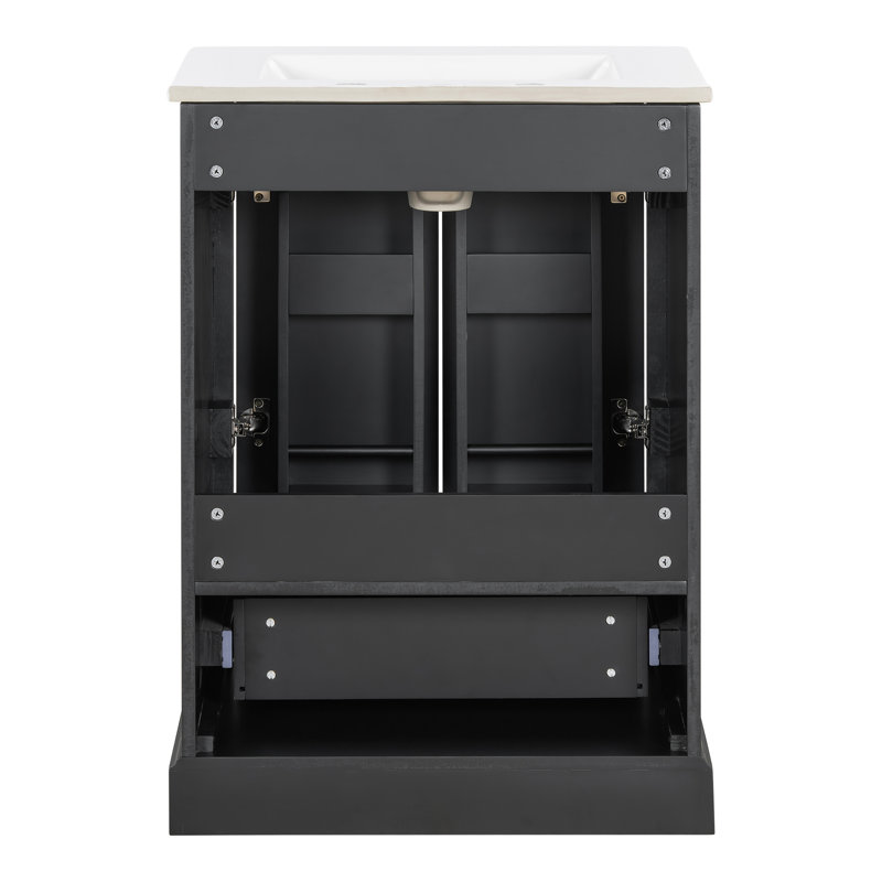 Meuble-lavabo autoportant noir moderne, robinet espacé de 8 po, tiroir divisé, lavabo en céramique