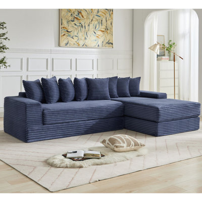 [NEW ARRIVED] [VIDEO PROVIDED] Oversize Cloud Sectional Couch, L-Shape Sofa, Convertible Floor Sleeper Sofa Bed, No Assembly ,Eight pillows,3-in-1,Magazine bag,(Right Facing Sofa),4 Seat,Corduroy,Blue