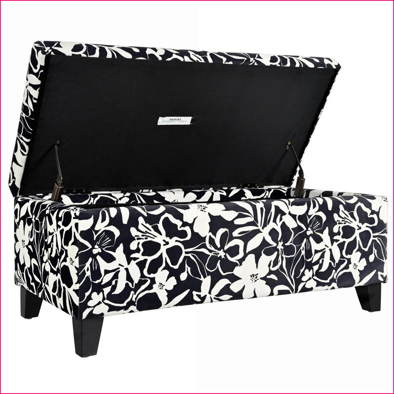 Repose-pieds avec tissu floral, rangement à fermeture en douceur, repose-pieds multifonctionnel pour le salon | Noir | Bois