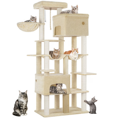 Cat Tree, 78.7" XXL Cat Tree with 10 Scratching Posts, 2 Caves, 2 Hammocks, Large Platform, Cat Brushes, Basket, Heavy Duty Cat Tree for Maine Coons, Large Cats, Beige