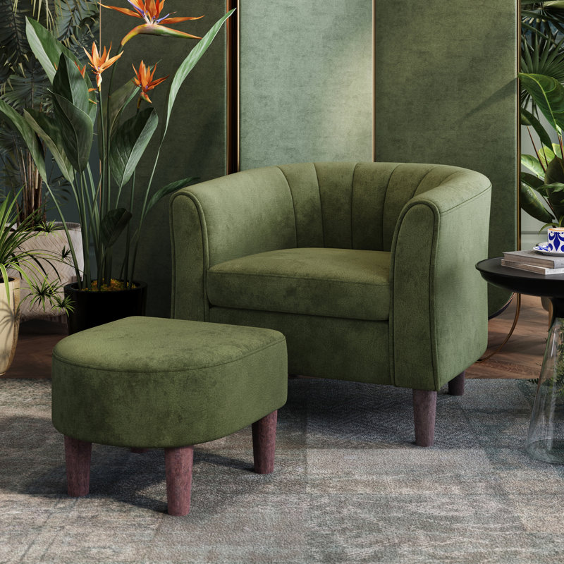 Torrence 31.7'' Upholstered Barrel Chair with Ottoman, 26.8" H x 31.7" W x 26.8" D, Mila Green Velvet