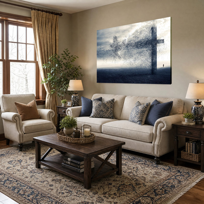 Décoration murale chrétienne sur toile avec croix et ailes de colombe, affiche encadrée, prête à accrocher, au style religieux moderne et esthétique.