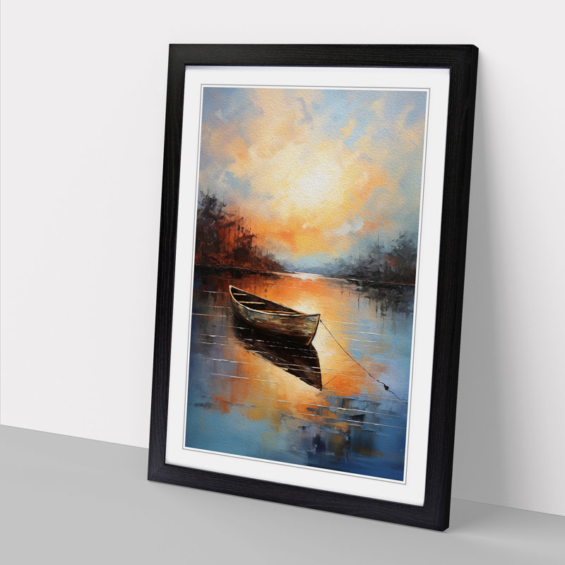Boat on a Lake Action Painting - Framed Print, 46cm H x 34cm W x 2cm D, Black Framed