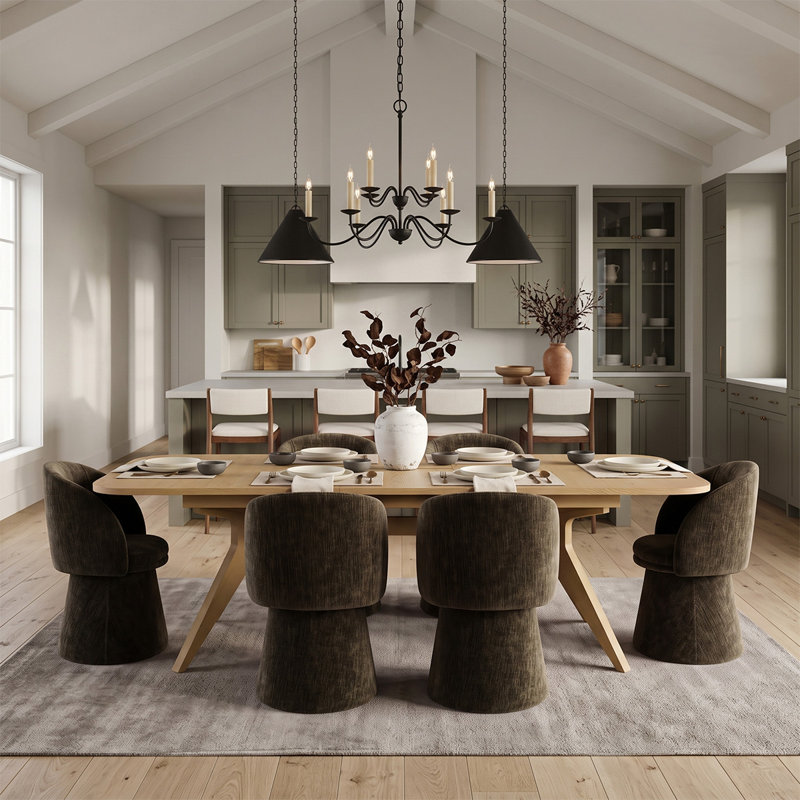 Ensemble de table de salle à manger extensible en placage de bois de 78" à 96" avec 6 chaises pivotantes en chenille, Brun