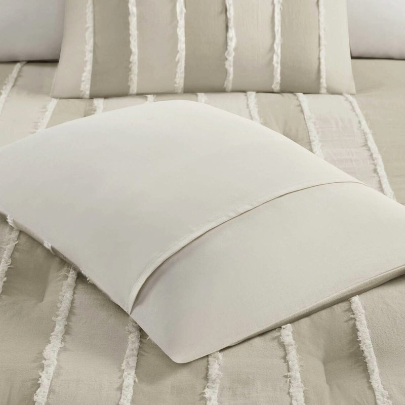 Ensemble d'édredon 3 pièces taupe double / grand - 100% coton, rayures alternées, rembourrage, garniture, maintien moderne, attrait lavable,