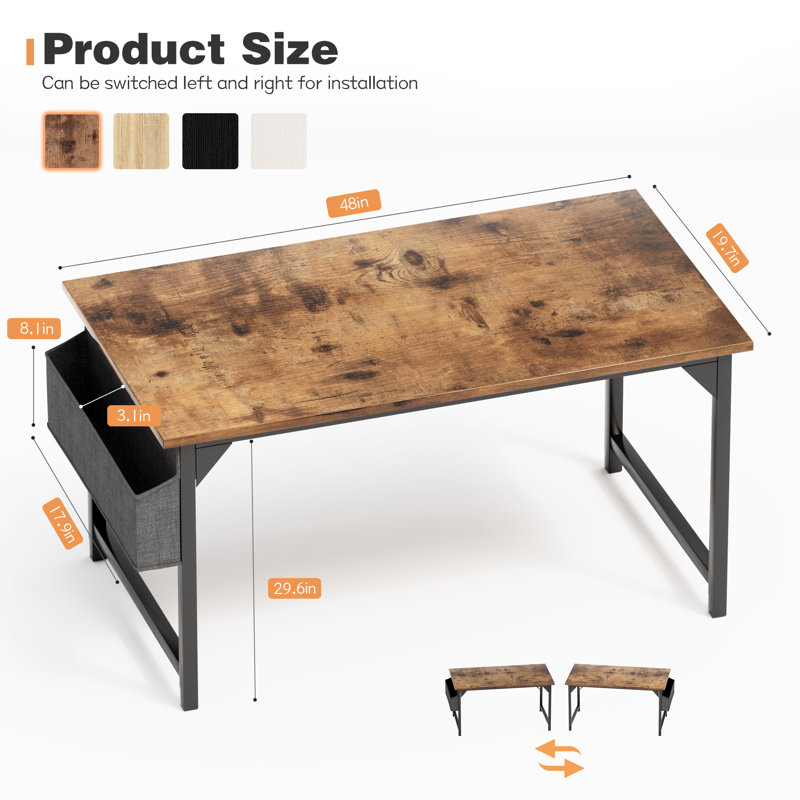 Bureau d'écriture en métal, Brun rustique, H 29,6 po x l 48 po x P 19,7 po