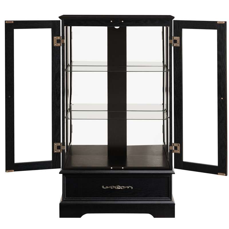 Vitrine en verre éclairée à assemblage rapide avec tablettes réglables, embout et design rétro, noir, pour un décor compact, un tiroir de style élégant, ampoule à DEL incluse, salon