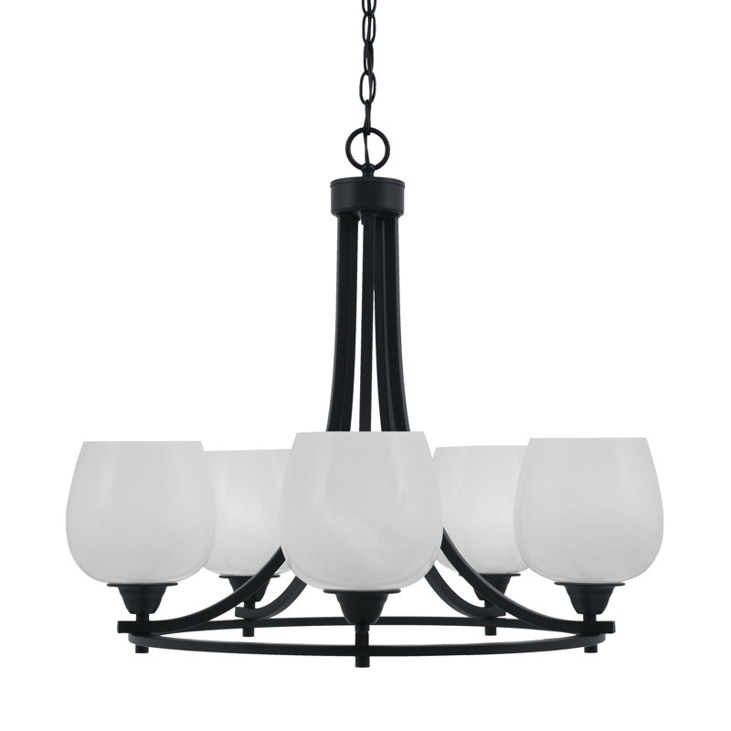 Lustre 5 lumières avec verre 6 "Paramount, Noir mat, Blanc