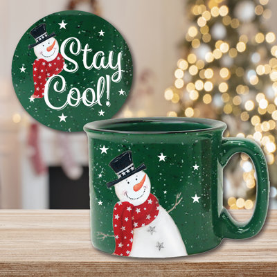 Ensemble de grandes tasses et sous-verres en céramique 15 oz Snowman Stay Cool