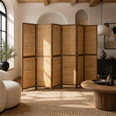 6 Panel 6FT Hand-Woven Bamboo Room Divider, Brown Folding Privacy Screen for Home and Office