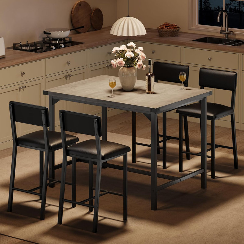 5-Piece Dining Table Set W/Footrest & Backrest, Bar Table Set with 4 Upholstered Chairs, Bar Table and Chairs Set with Corner Protector, for Pub, Dining Room