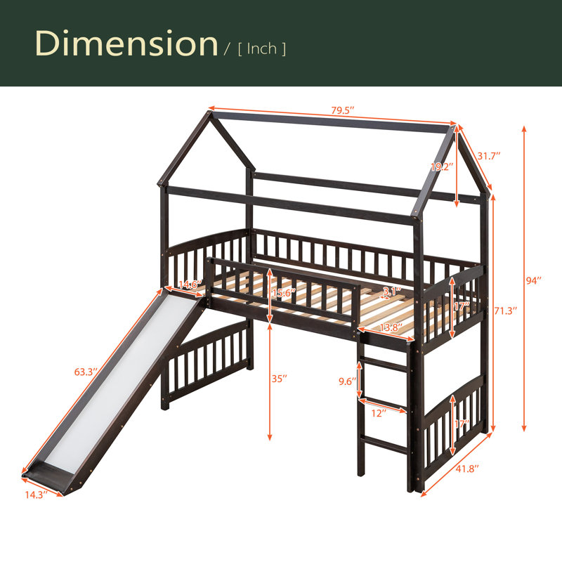 Twin Loft Bed With Slide, House Bed With Slide, Espresso
