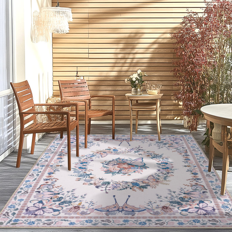 5x7 ft Butterfly Rug for Living Room, Low Pile Throw Rugs with Rubber Backing Washable Non Slip Modern Large Area Rug for Bedroom Dining Room, Pink