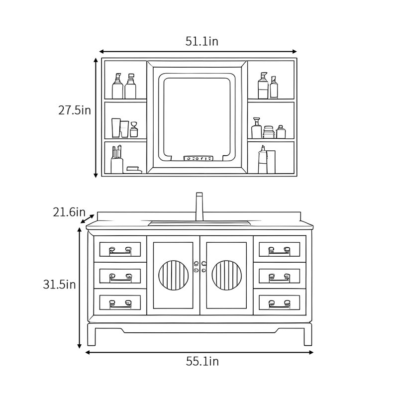 Armoire de salle de bain haut de gamme rétro chinoise, L 55,1 po