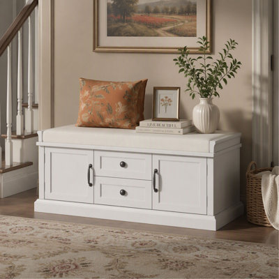 Storage Bench with 2 Drawers and 2 Cabinets, Shoe Bench with Removable Cushion for Entryway