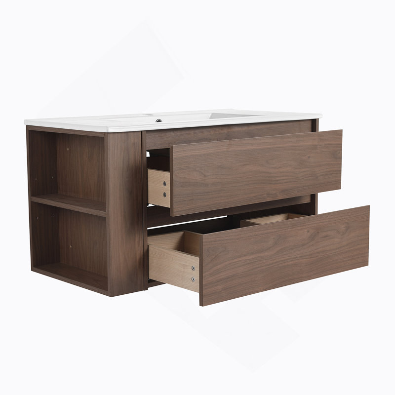 Meuble-lavabo mural 36 po avec lavabo en céramique, Chêne brun, 36"