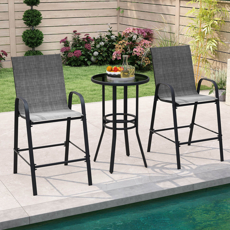  2 PCS Outdoor Bar Stools 29" Fabric Bar Height Stools with Armrests & Footrest Gray, Gray
