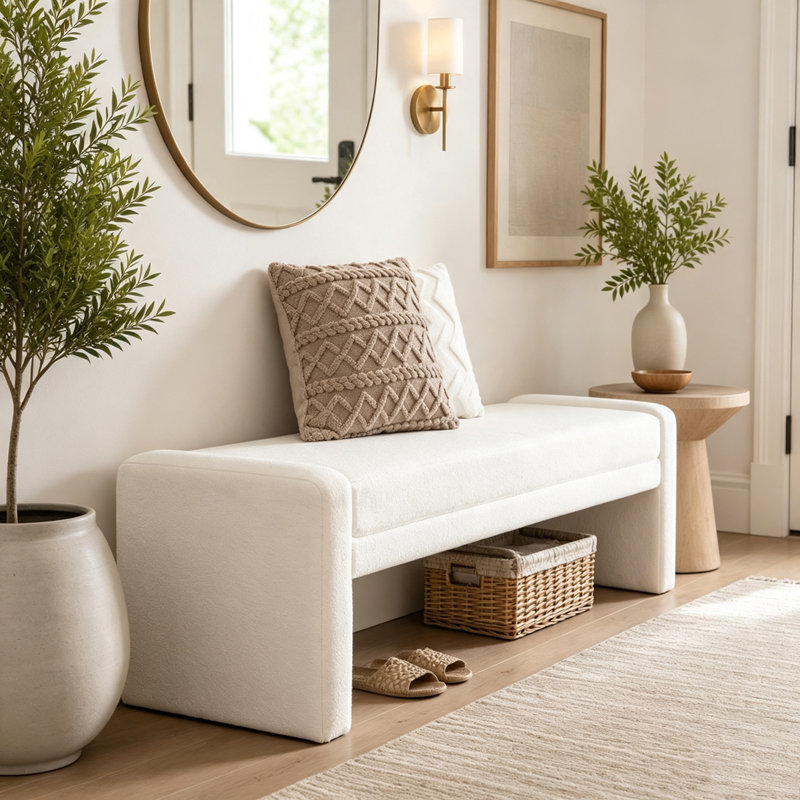 Banc rembourré 66,9 po moderne avec accoudoirs surdimensionnés pour lit d'entrée, Ivory