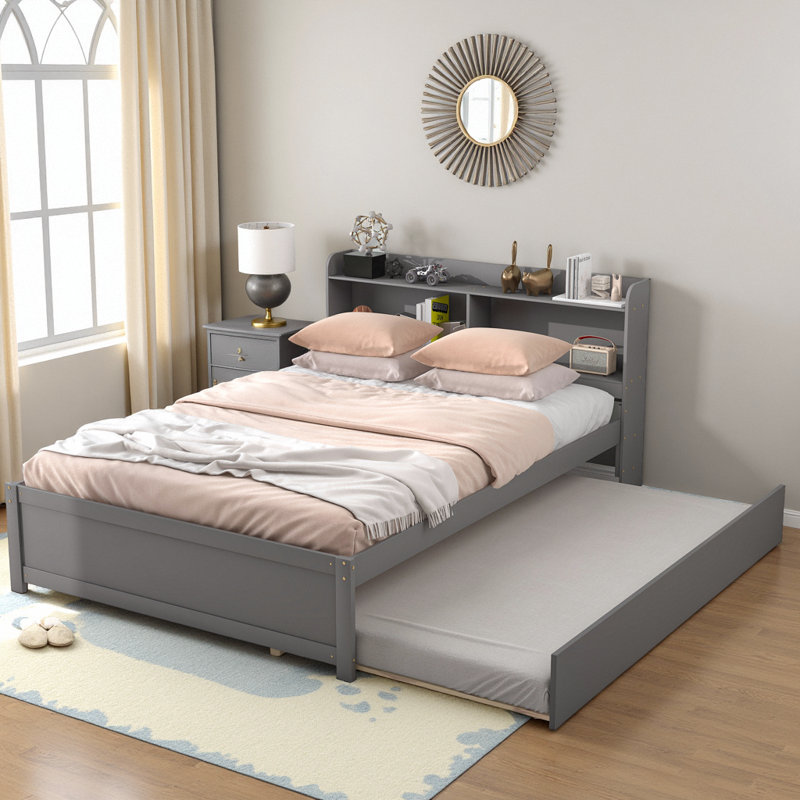 Lit plateforme moderne avec tête de lit et lit gigogne de rangement, Gris, Lit double