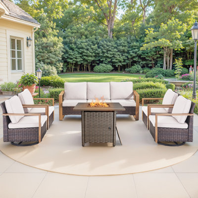 Palomares 6-Piece All Weather Outdoor Wicker Patio Square Fire Pit Conversation Set With 4 Swivel Gliders