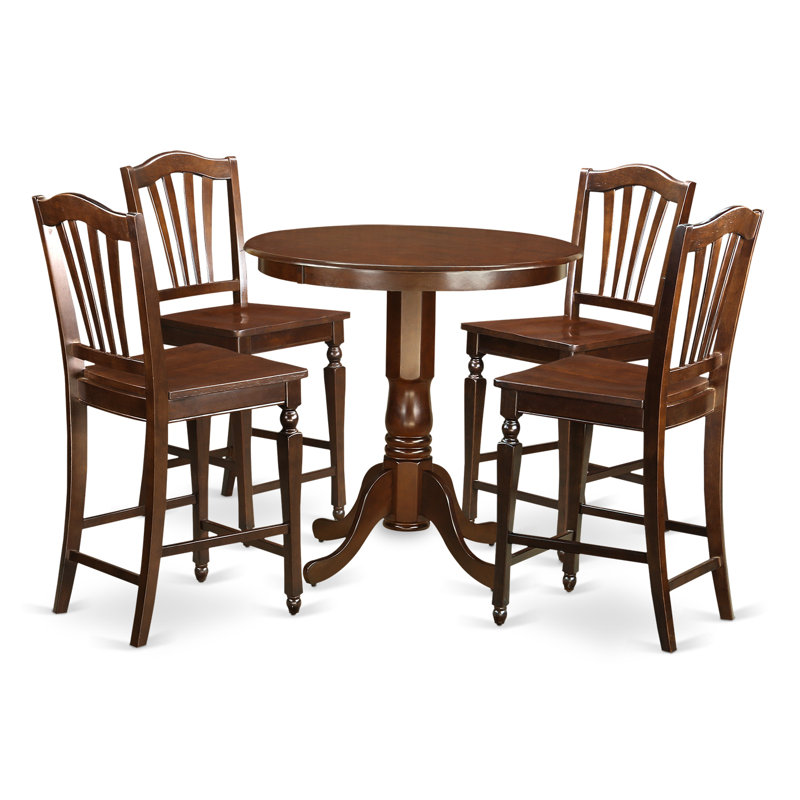 5 Piece Kitchen Counter Height Dining Table Set Includes a Round Wooden Table with Pedestal and 4 Dining Chairs, Mahogany
