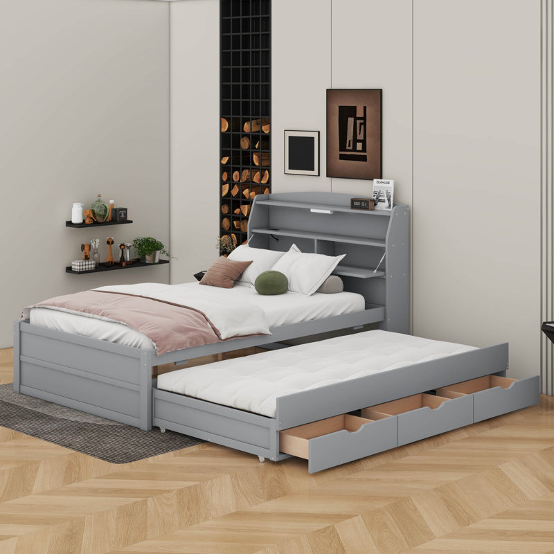 Lit plateforme en bois avec lit gigogne, tête de lit et tiroirs à DEL, Gris, Lit double
