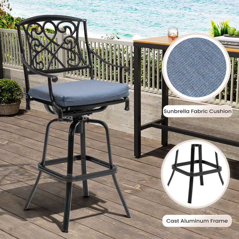 Tabouret de bar pivotant en aluminium pour l'extérieur 30 po avec coussin Sunbrella, Bleu