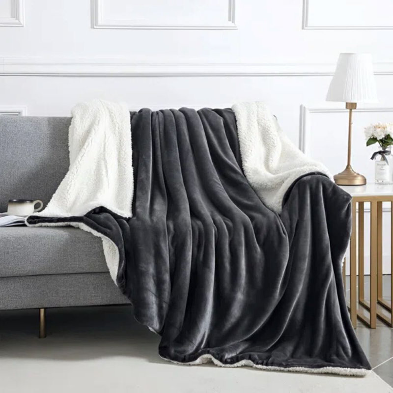 Kaylie Soft Sherpa Fleece Fur Thick Dual Sided Reversible Blanket Throw, Grey, 200cm x 240cm