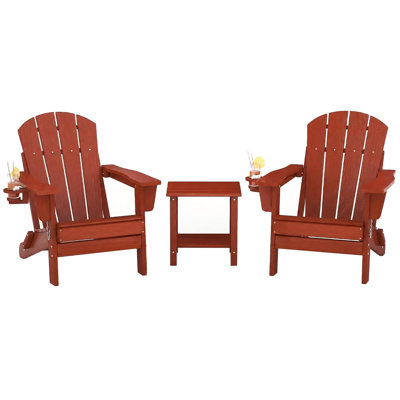 Ensemble de 2 chaises Adirondack pliantes avec table d'appoint, chaises de patio extérieur en PEHD avec porte-gobelet, chaises toutes saisons à finition grain de bois pour terrasse, jardin et foyer