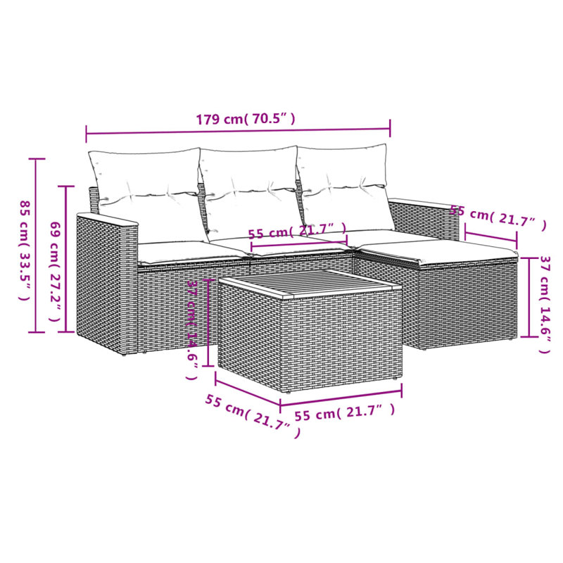 Ensemble de canapé de patio 5 pièces avec coussins en rotin de polyester, Bleu clair, Noir