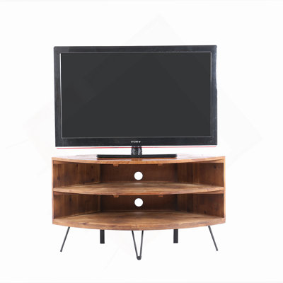 Fan Shape Reclaimed Wood Corner Media Table for Living Room Wise Use Your Space
