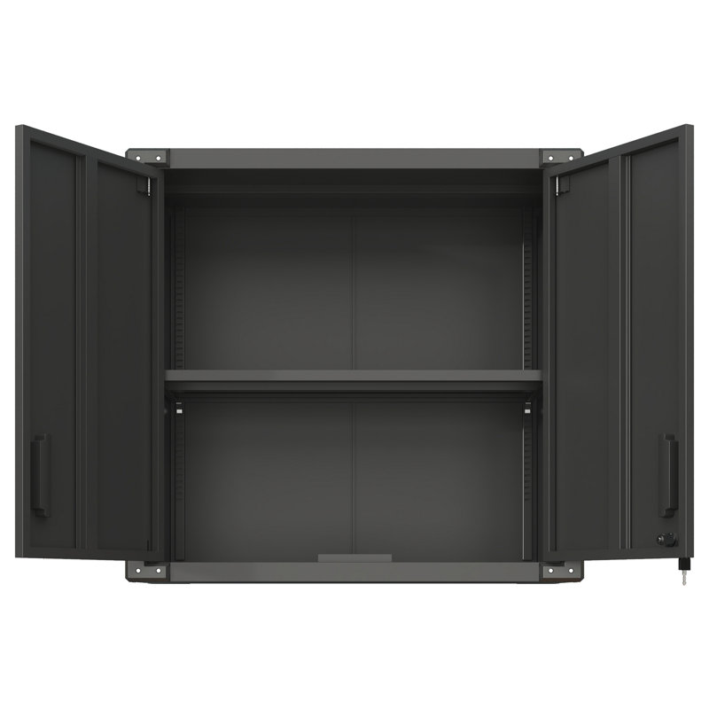 Armoire de rangement murale en métal avec 2 portes verrouillables, 1 tablette réglable et 1 tiroir ouvert pour l'entrepôt de garage, le bureau, assemblage requis