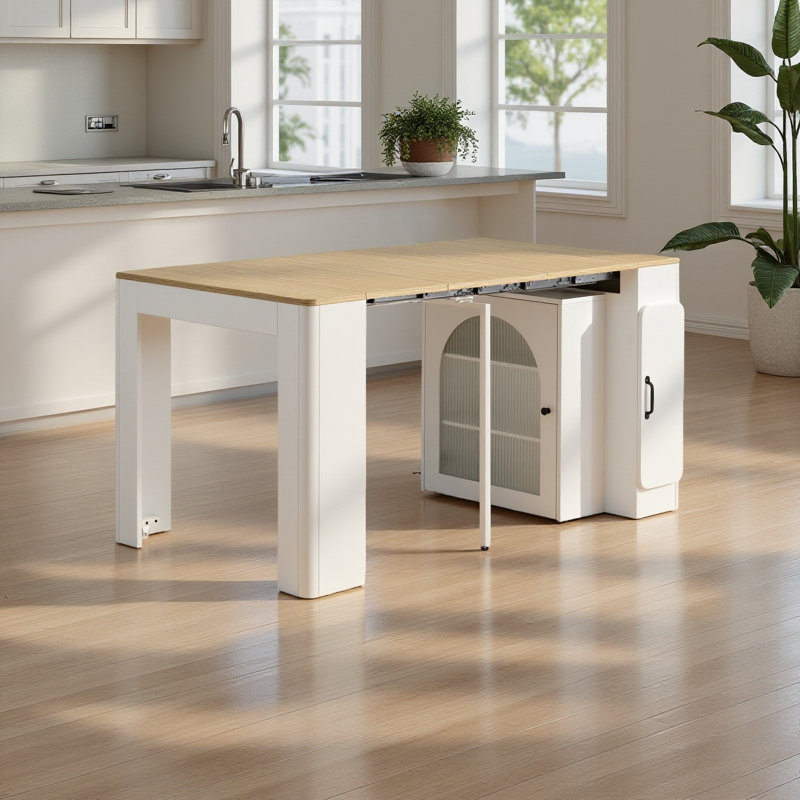 Table de salle à manger à roulettes 59 po - extensible avec 3 rallonges, prise de courant et rangement, Bois naturel / blanc