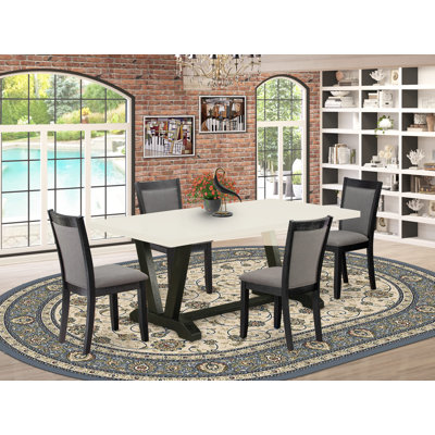 5-Pc Dining Room Table Set Contains a Dinette Table and 4 Dark Gotham Grey Linen Fabric Dinner Chairs with High Back - Wire Brushed Black Finish