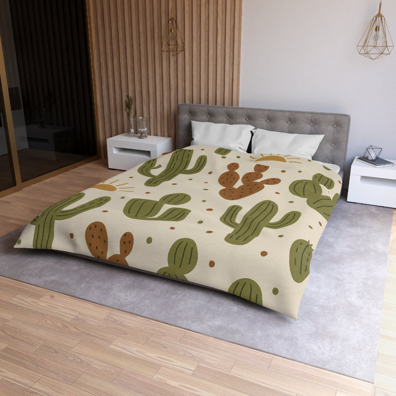 Microfiber Duvet Cover Boho Style, Design 19, Green/Brown/White, Queen Duvet Cover