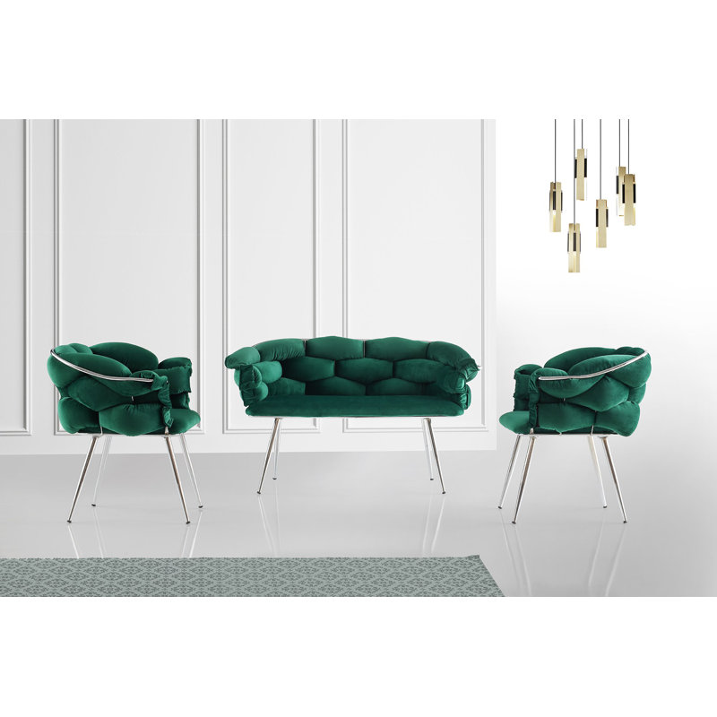 Modern Velvet Sofa Set (3 Pieces) - Green & Chrome | 100% Metal Frame, 2-Seat Sofa: 53.1 x 31.1 x 25.6 in., 1-Seat Sofas: 29.5 x 31.1 x 25.6 in. | 250 lbs & 150 lbs Capacity | Stylish & Durable Design for Living Room