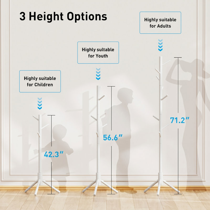 Adosinda Freestanding Coat Rack,Sturdy Wooden Coat Stand, 8- Hook Coat Rack,3 Height Options,Used in Bedroom,Hallway and Entryway,for Storing Coats, Hats,Bags,Umbrella Stand and Coat Hooks